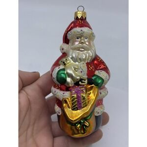 Santa Claus Glass Blown Christmas Tree Ornament Present Bag